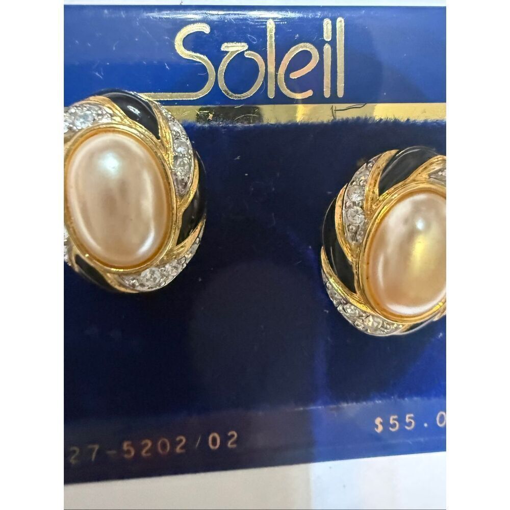 Vintage Soleil Women's Oval Faux Pearl Rhinestone Enamel Pierced Earrings NWT